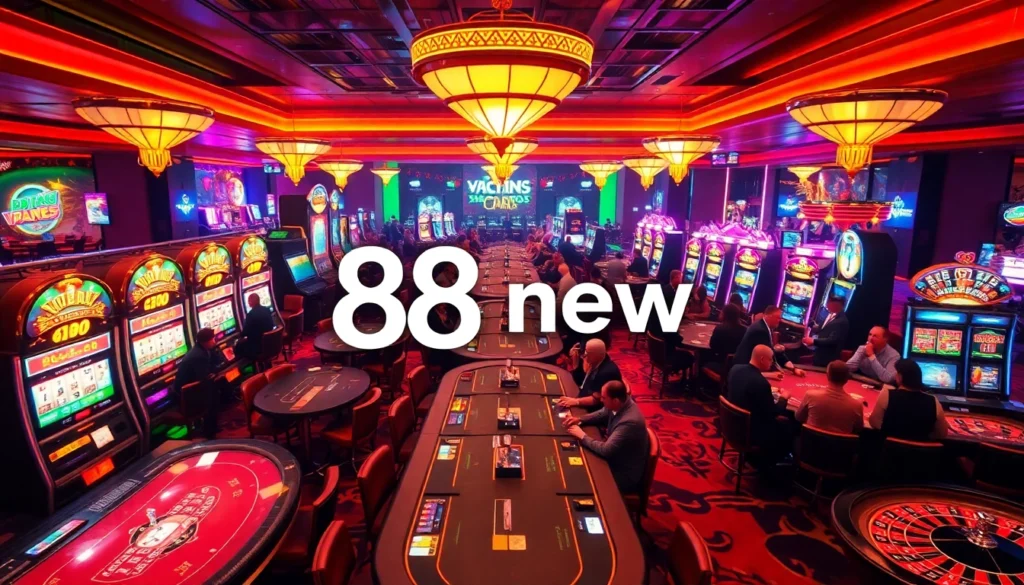 Experience the thrill of gaming with 88 new at dynamic casino tables filled with players and bright slot machines.