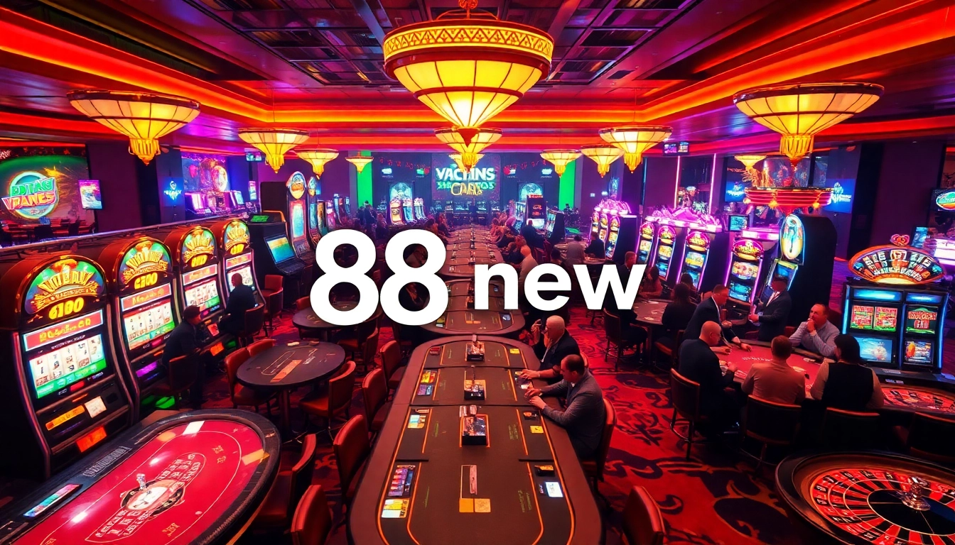 Experience the thrill of gaming with 88 new at dynamic casino tables filled with players and bright slot machines.