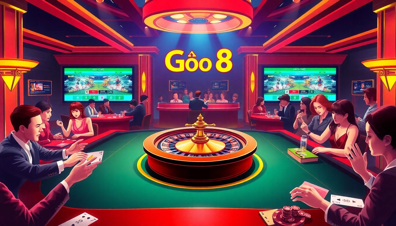 Players experience thrilling moments at nhà cái Go8, featuring vibrant casino tables with active play and engaging betting slips.