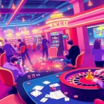 Experience new88 online's thrilling casino action with players enjoying poker and slots in a vibrant gaming atmosphere.