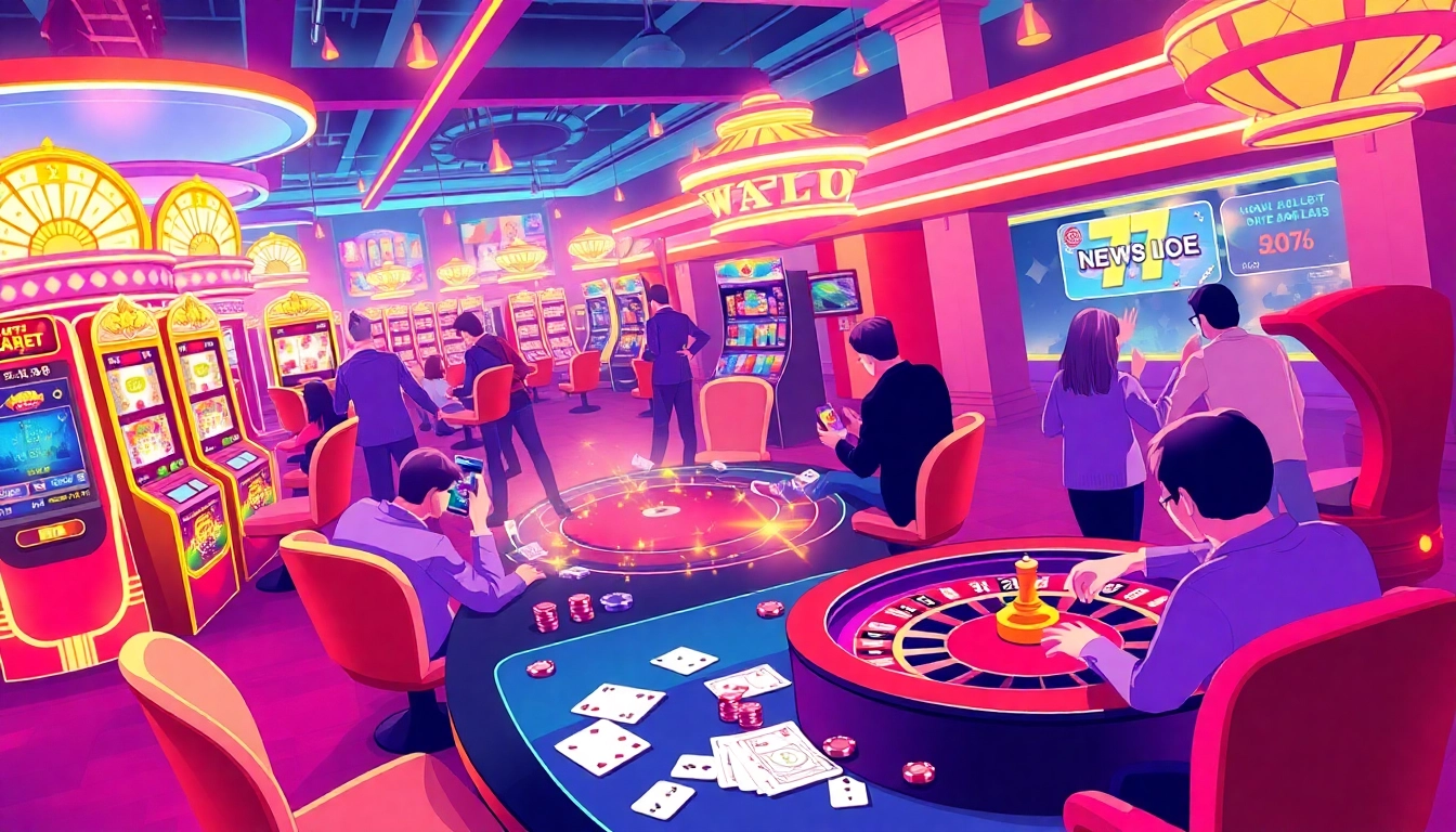 Experience new88 online's thrilling casino action with players enjoying poker and slots in a vibrant gaming atmosphere.