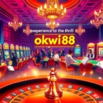 Players win big at the vibrant casino scene featuring okwin88’s thrilling games with colorful slot machines and poker tables.