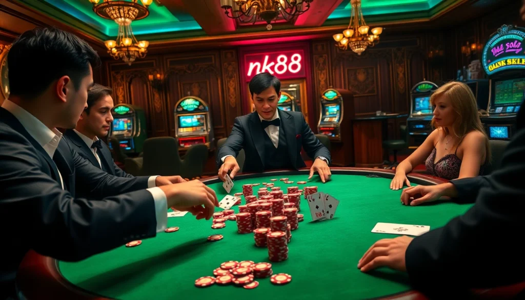 Experience the excitement of nk88 at a high-stakes poker game surrounded by passionate players and luxurious casino decor.
