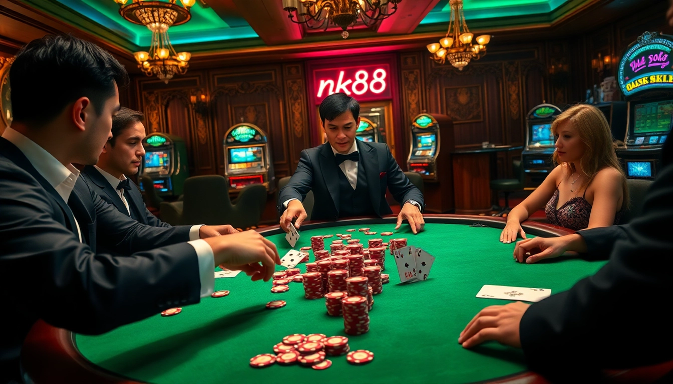 Experience the excitement of nk88 at a high-stakes poker game surrounded by passionate players and luxurious casino decor.