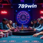 Experience the thrill of gambling at 789win with players at a poker table, vibrant chips, and a spinning roulette wheel.