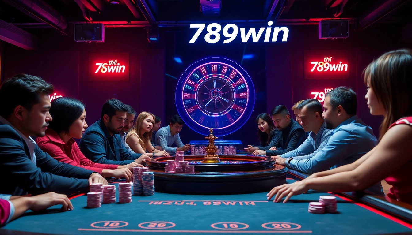 Experience the thrill of gambling at 789win with players at a poker table, vibrant chips, and a spinning roulette wheel.
